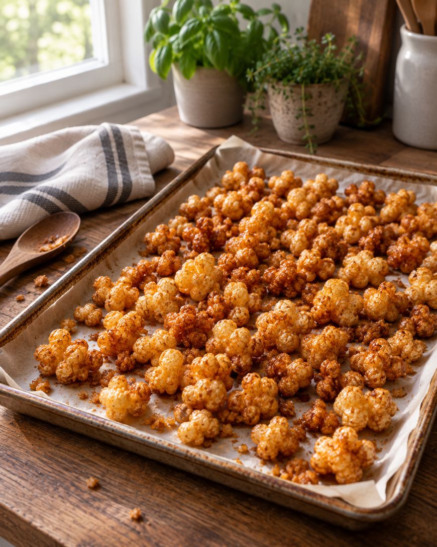 Caramel puff corn - Baked sheet wide angle