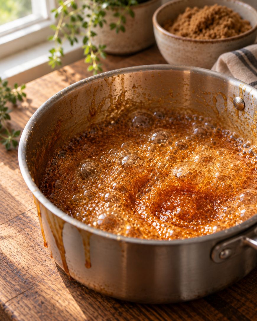 Caramel puff corn - Caramel boiling close up