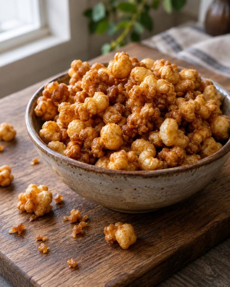 A ceramic bowl filled with caramel popcorn sits on a wooden board, with a few pieces and crumbs scattered around. A window and green plant are visible in the blurred background.