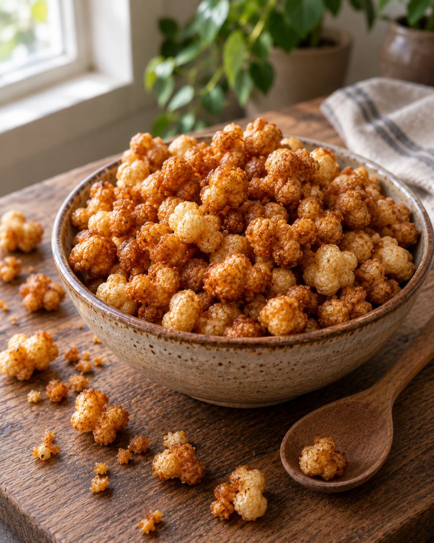 Caramel puff corn - Finished bowl with spoon