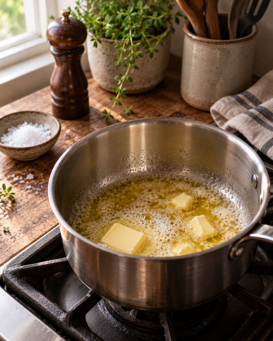 Caramel puff corn - Melting butter saucepan