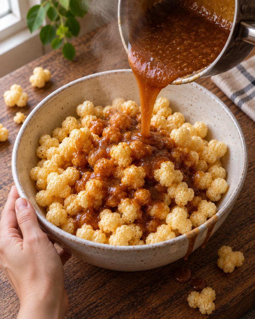 Caramel puff corn - Pouring caramel over puff corn