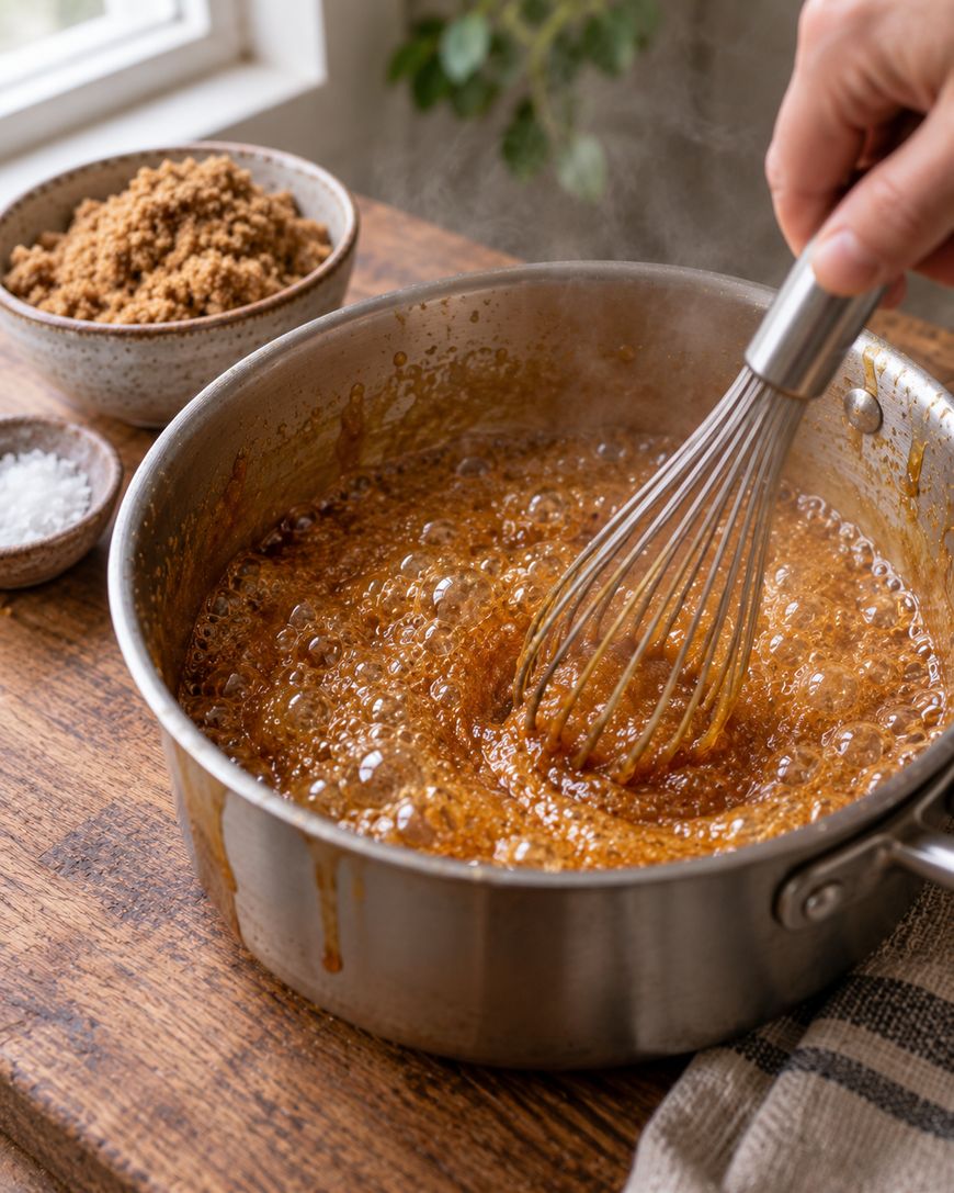 Caramel puff corn - Whisking caramel sauce