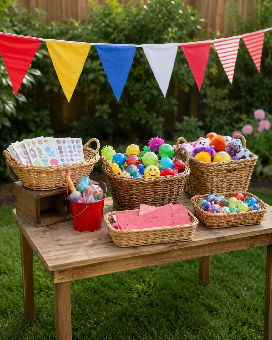 A wooden table outdoors holds baskets of colorful toys, stickers, and napkins, with a red bucket of balls. Red, yellow, blue, and white triangular flags hang above. Grass and bushes are in the background.
