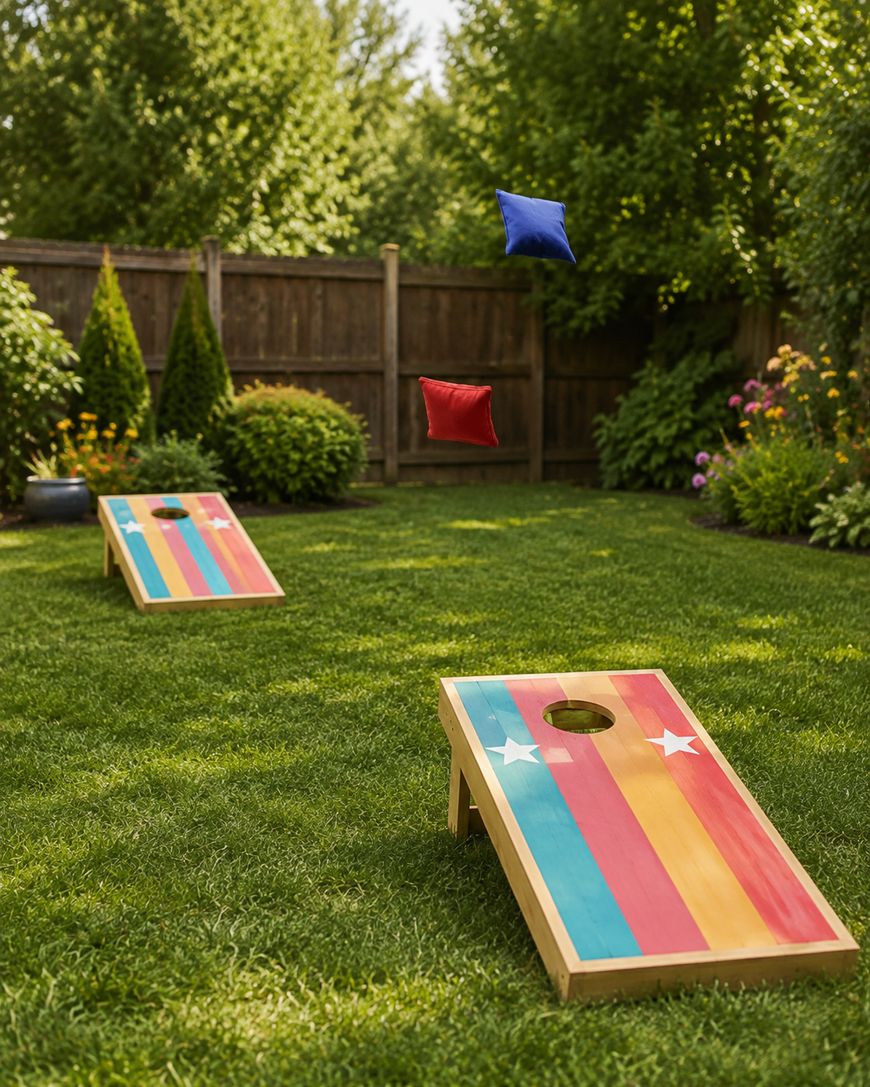 Two beanbags, one red and one blue, are midair above colorful wooden cornhole boards in a grassy backyard with trees, fence, and flowers.