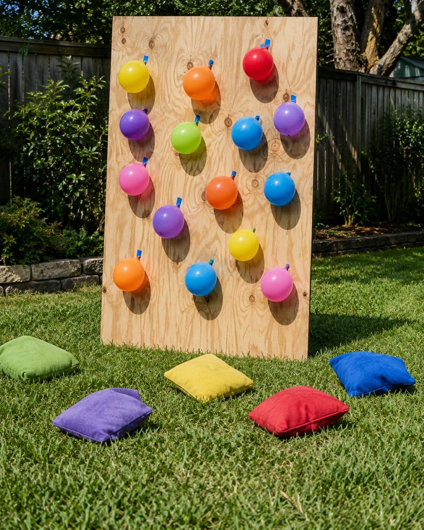 A wooden board with colorful balloons taped to it stands on grass outdoors. Five bean bags in green, purple, yellow, red, and blue colors lie on the ground in front of the board.