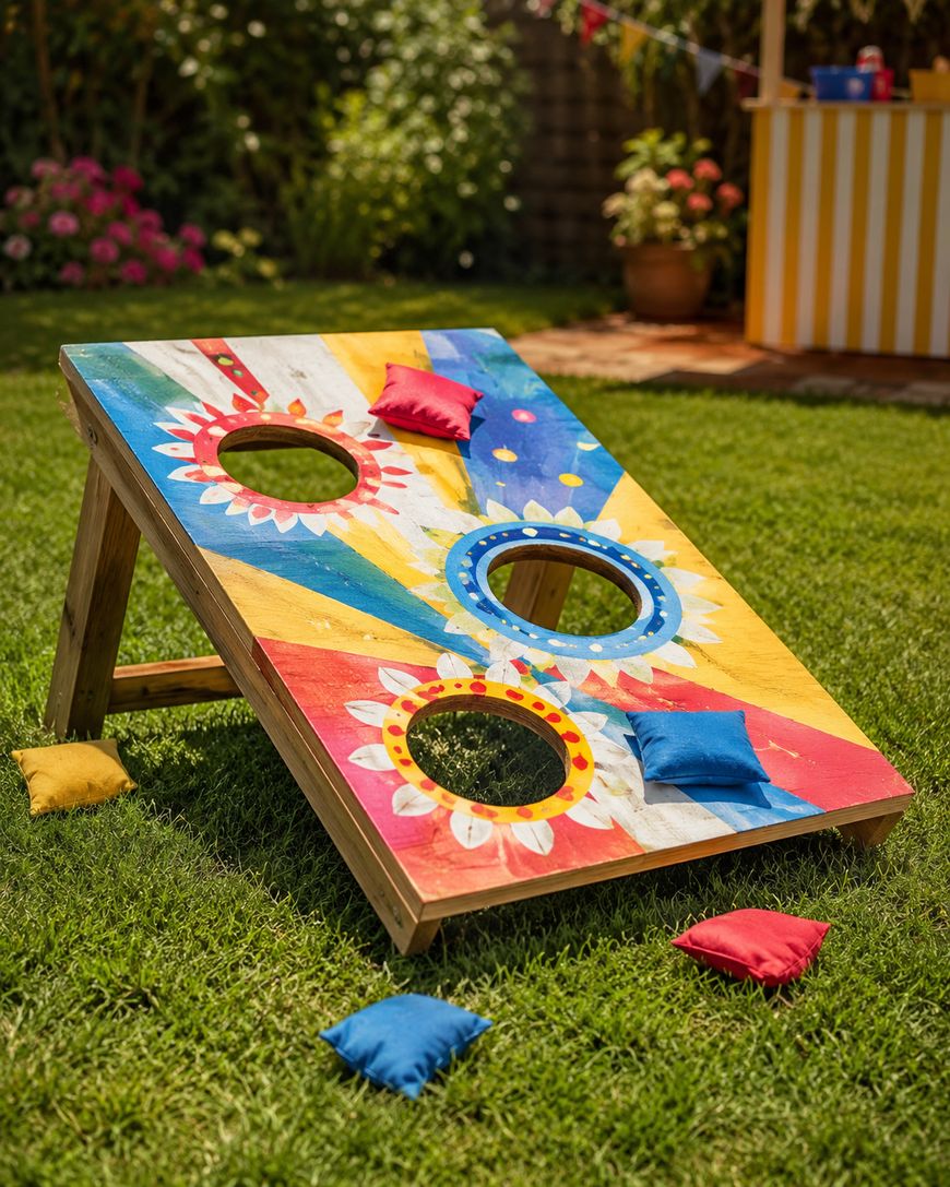 A colorful bean bag toss game with three circular holes sits on green grass, surrounded by red, yellow, and blue bean bags in a sunny backyard.