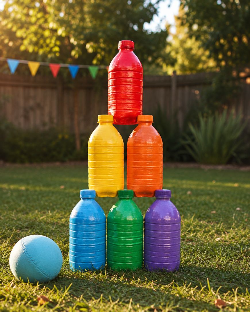 Six colorful bottles stacked in a pyramid shape on grass, with a blue ball nearby. Colorful flags hang in the background, and trees and plants surround the fenced yard.