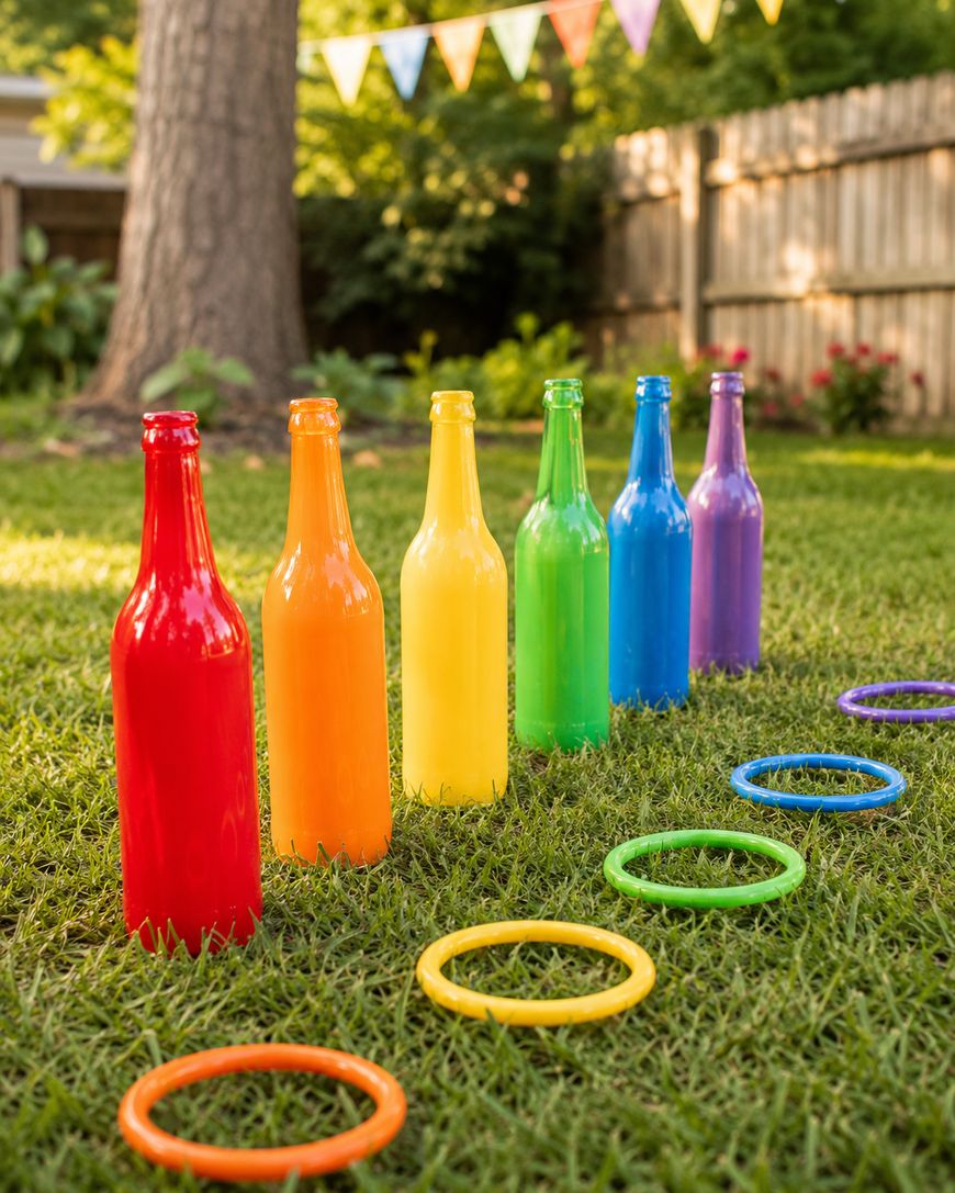 Seven glass bottles painted in rainbow colors stand on grass, each with a matching colored ring in front. A wooden fence, trees, and hanging pennant flags are visible in the background.