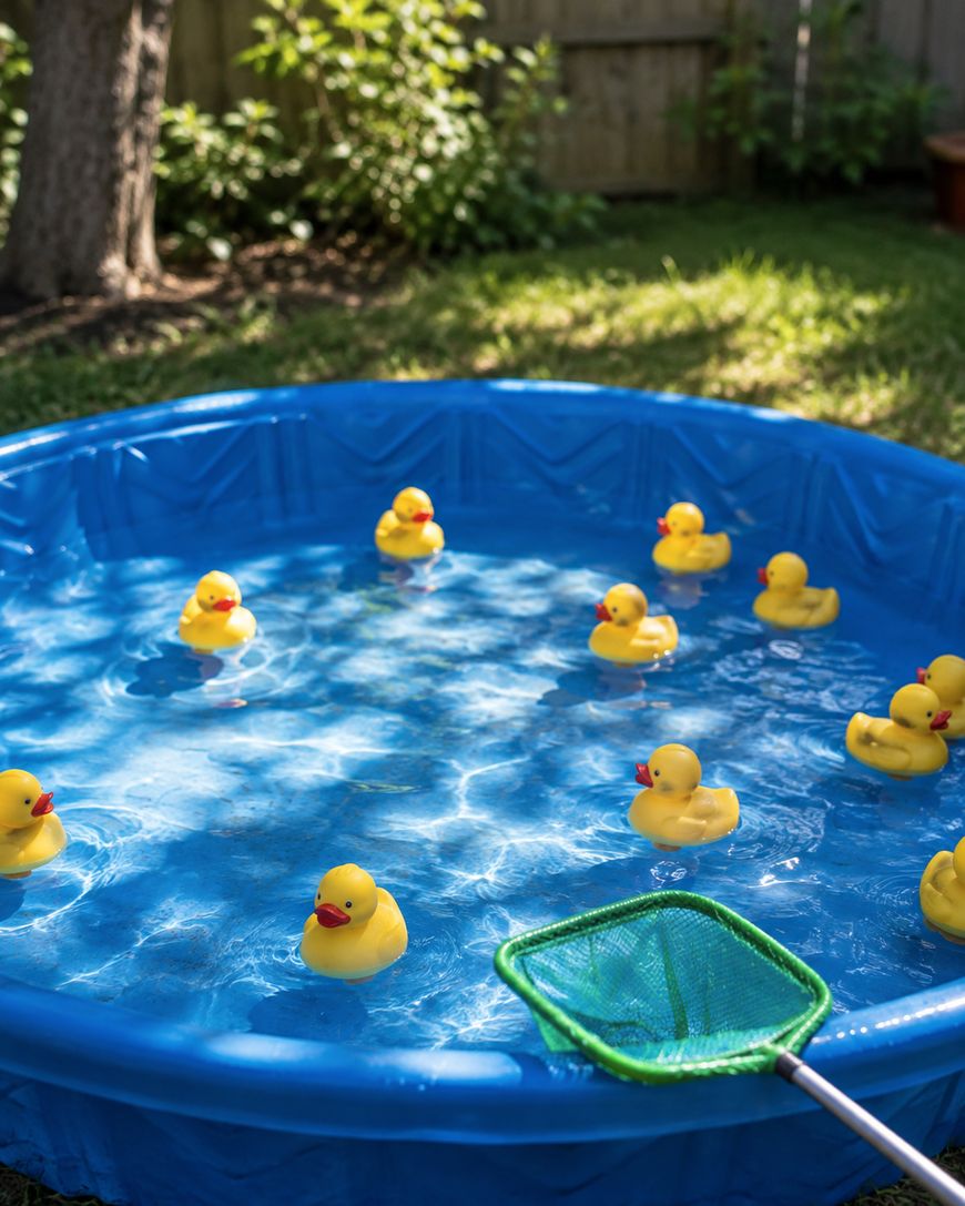 A blue kiddie pool filled with water and yellow rubber ducks, with a green net lying on the pools edge. The scene is outdoors on a sunny day with grass and a wooden fence in the background.