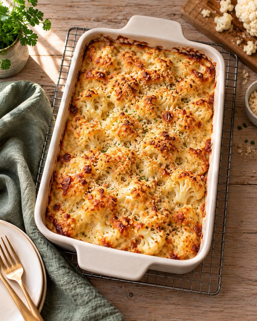 A baked cauliflower cheese casserole in a white dish sits on a cooling rack. The top is golden brown with melted cheese and herbs. Nearby are plates, cutlery, a green napkin, and a wooden board with cauliflower.