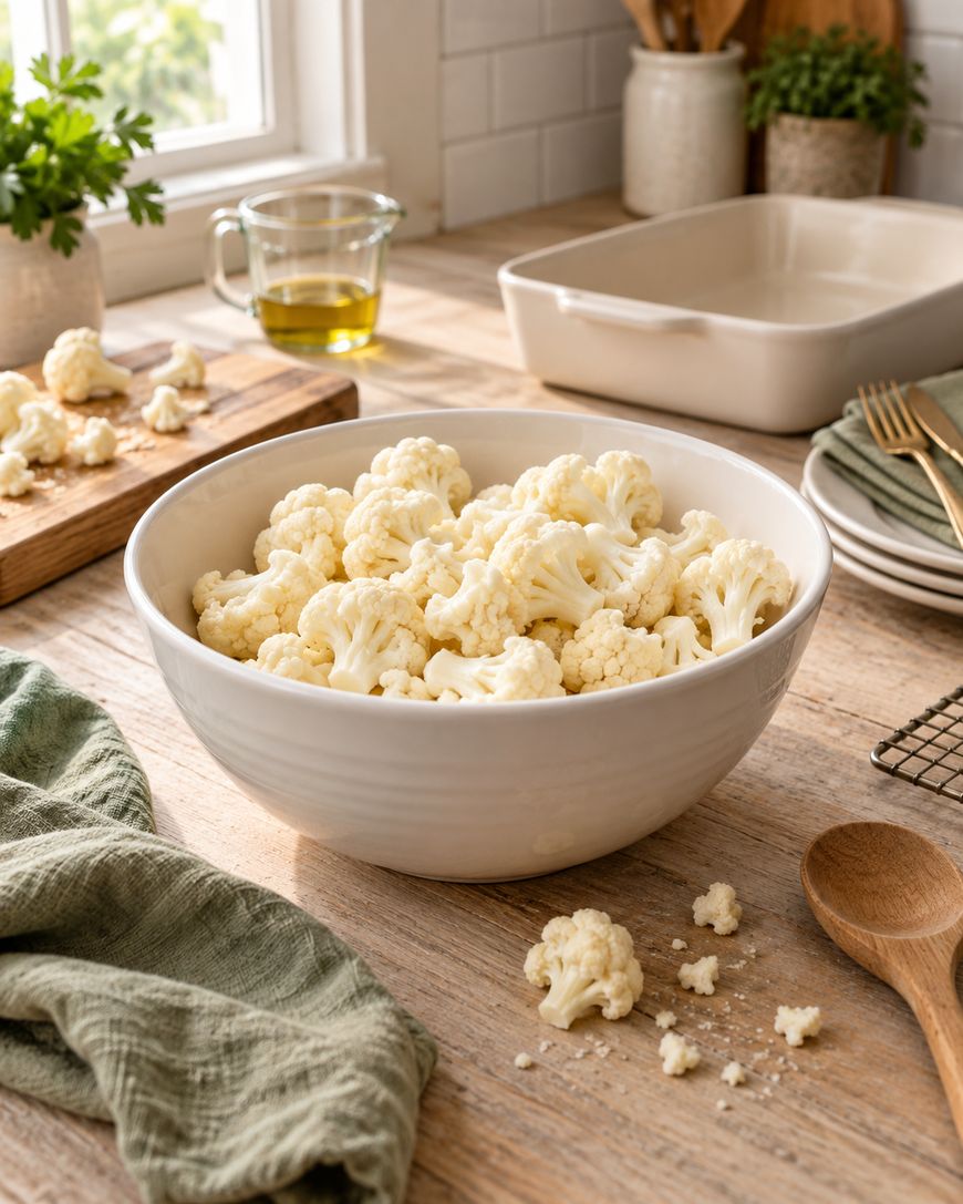 A white bowl filled with cauliflower florets sits on a wooden kitchen table, surrounded by kitchen utensils, a green cloth, a baking dish, and a cutting board with more cauliflower.