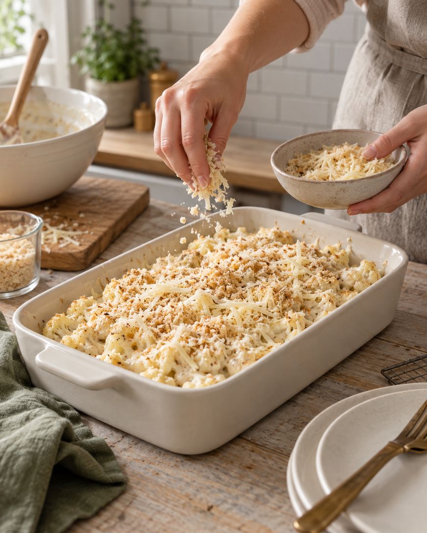 A person sprinkles shredded cheese over a casserole in a white baking dish on a rustic wooden table, preparing it for baking. Bowls of ingredients and plates are nearby.