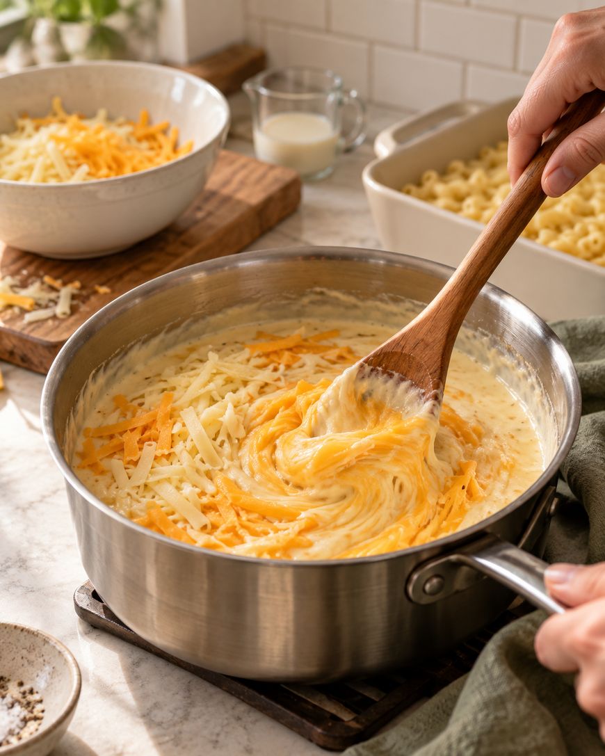 A hand stirs shredded cheese into a creamy sauce in a pot, making homemade macaroni and cheese. Cooked pasta, extra cheese, and a glass of milk are nearby on the countertop.