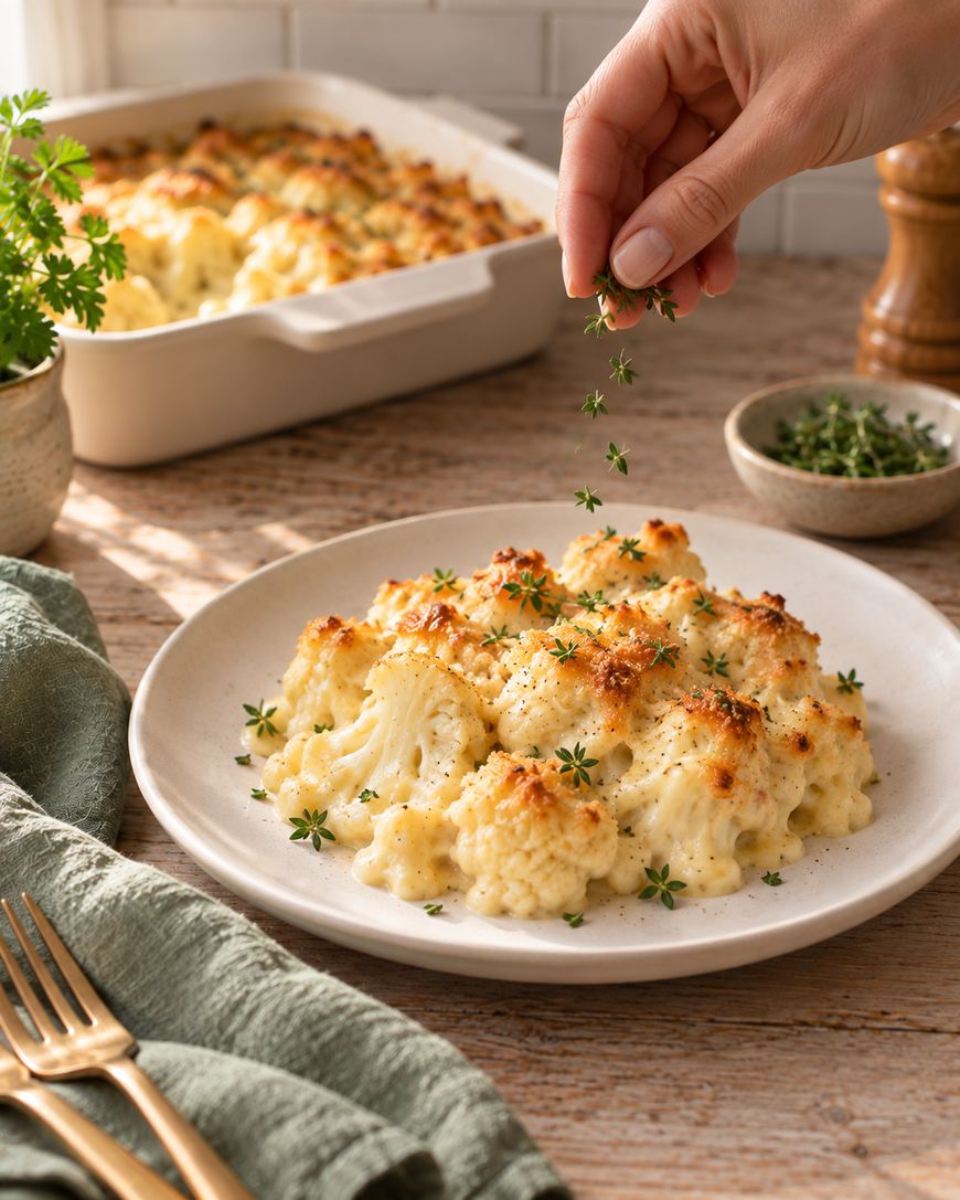 Hand sprinkling fresh herbs over baked cauliflower with cheese on a white plate, with a green napkin, forks, and a casserole dish of more cauliflower in the background on a wooden table.