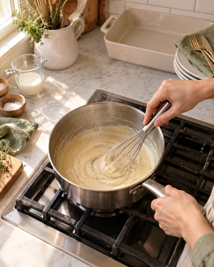A person whisking a creamy mixture in a saucepan on a stove, with plates, utensils, milk, and seasonings nearby on a kitchen countertop. Sunlight streams through a window onto the scene.