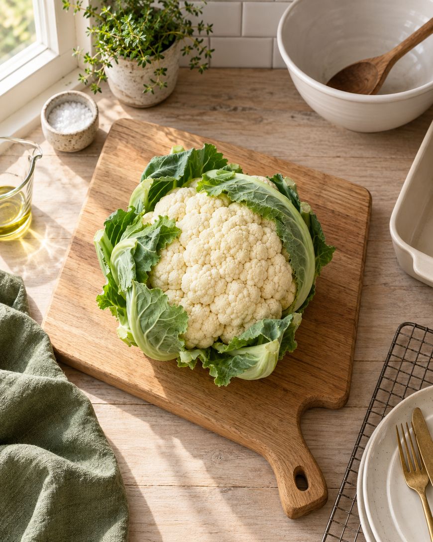 A fresh head of cauliflower sits on a wooden cutting board, surrounded by leafy greens. Nearby are dishes, a bowl with a wooden spoon, olive oil, salt, and a potted herb on a sunlit kitchen counter.