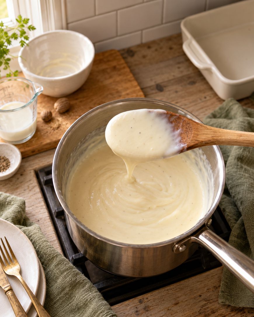 A wooden spoon lifts creamy white sauce from a saucepan on a stove. Nearby are a bowl, measuring cup with milk, and green napkin on a rustic wooden countertop.