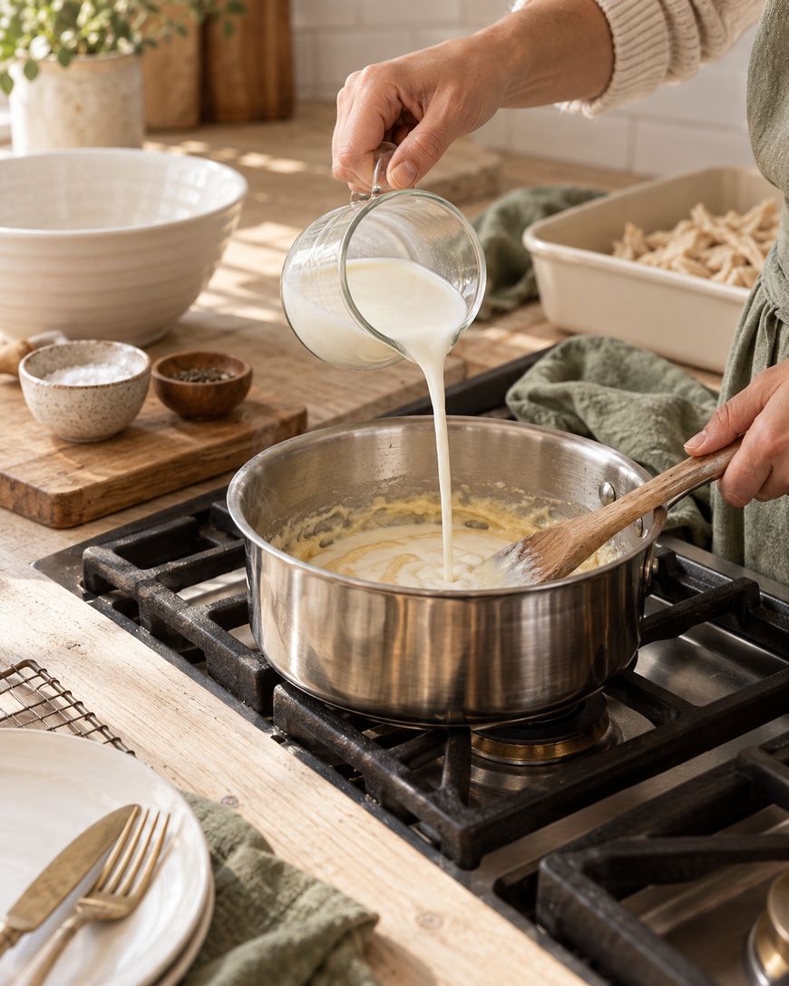 A person pours milk from a glass measuring cup into a saucepan while stirring with a wooden spoon. The stove, dishes, and ingredients are visible on a wooden countertop in a bright kitchen.