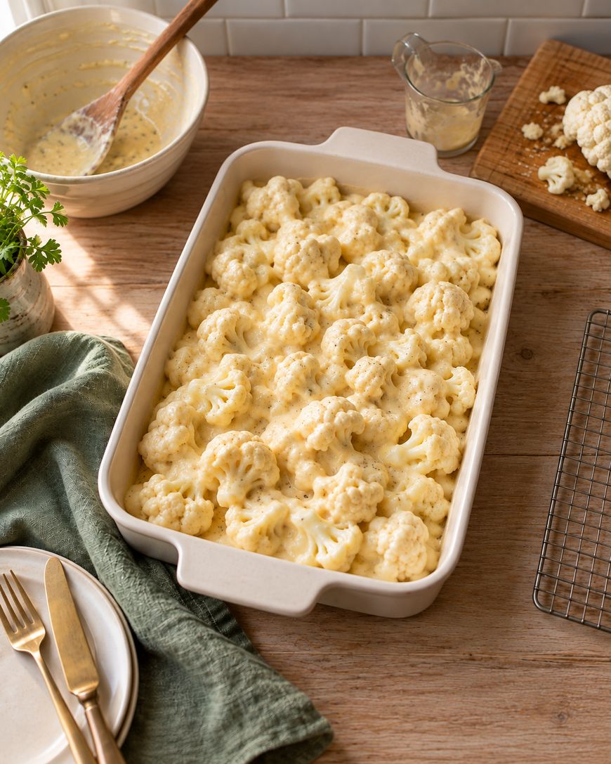 A baking dish filled with baked cauliflower covered in cheese sauce sits on a wooden table beside a mixing bowl, cutting board, plates, utensils, and a green napkin.