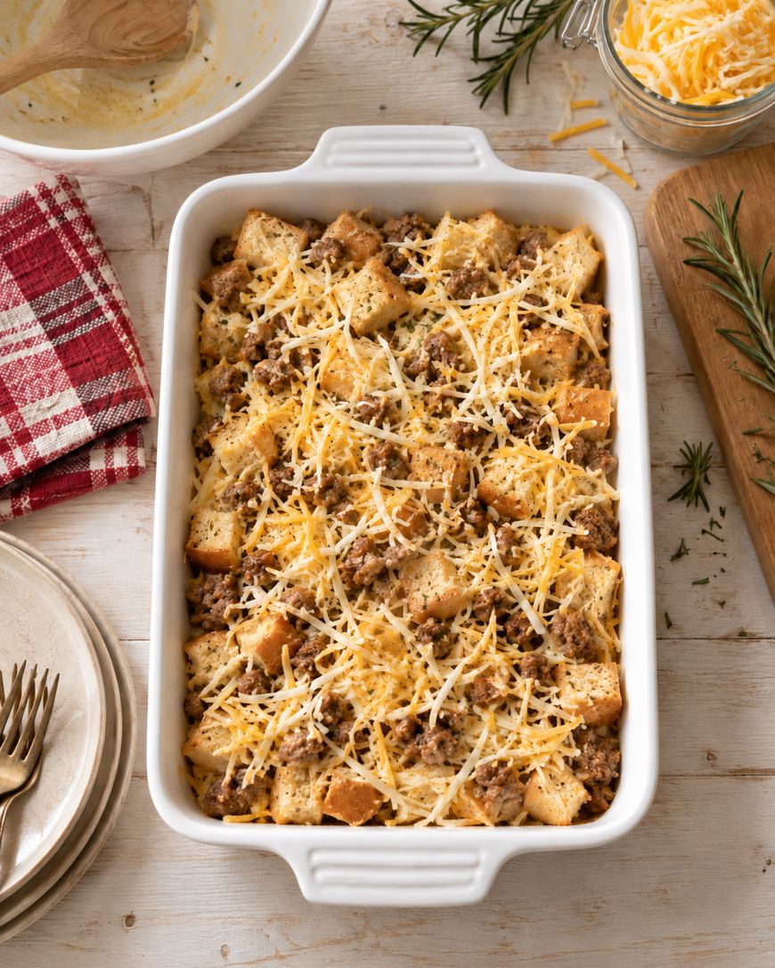 A white casserole dish filled with a baked mixture of bread cubes, sausage, and shredded cheese sits on a wooden table with a red checkered towel, plates, and utensils nearby.