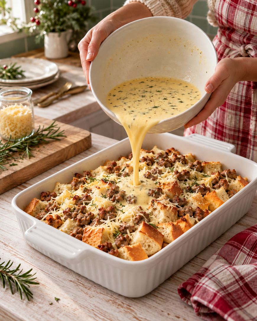A person pours an egg mixture from a bowl over a casserole with bread, sausage, and cheese in a white baking dish on a kitchen counter, surrounded by herbs and ingredients.
