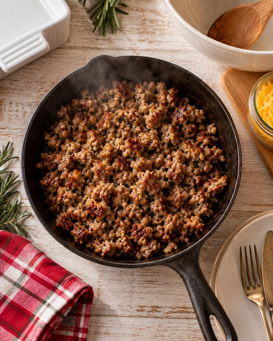 A cast iron skillet filled with browned ground sausage sits on a wooden table, surrounded by a plaid napkin, herbs, dishes, utensils, and a bowl of shredded cheese.