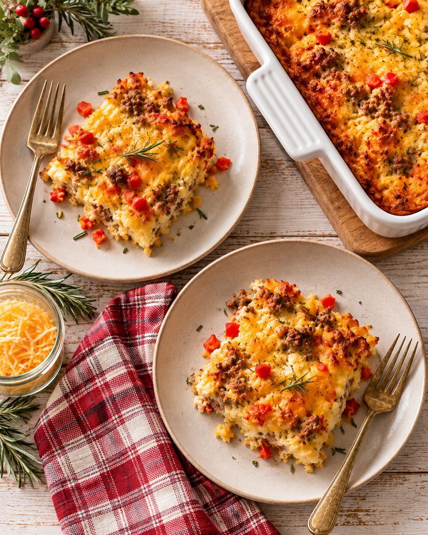 Two plates with servings of cheesy casserole topped with ground meat and red bell peppers, next to a casserole dish, a bowl of shredded cheese, a red plaid napkin, and rosemary garnish on a wooden table.