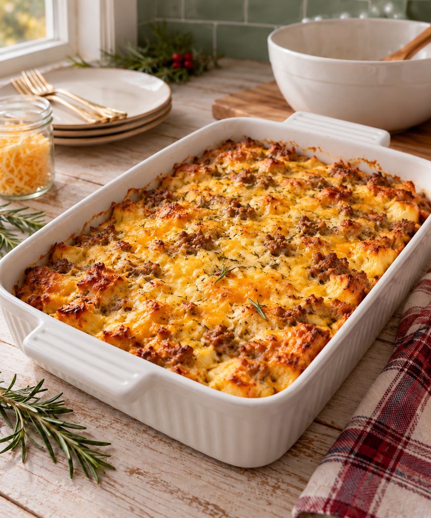 A baked breakfast casserole with melted cheese and sausage crumbles in a white dish, set on a wooden table near plates, forks, and festive greenery.