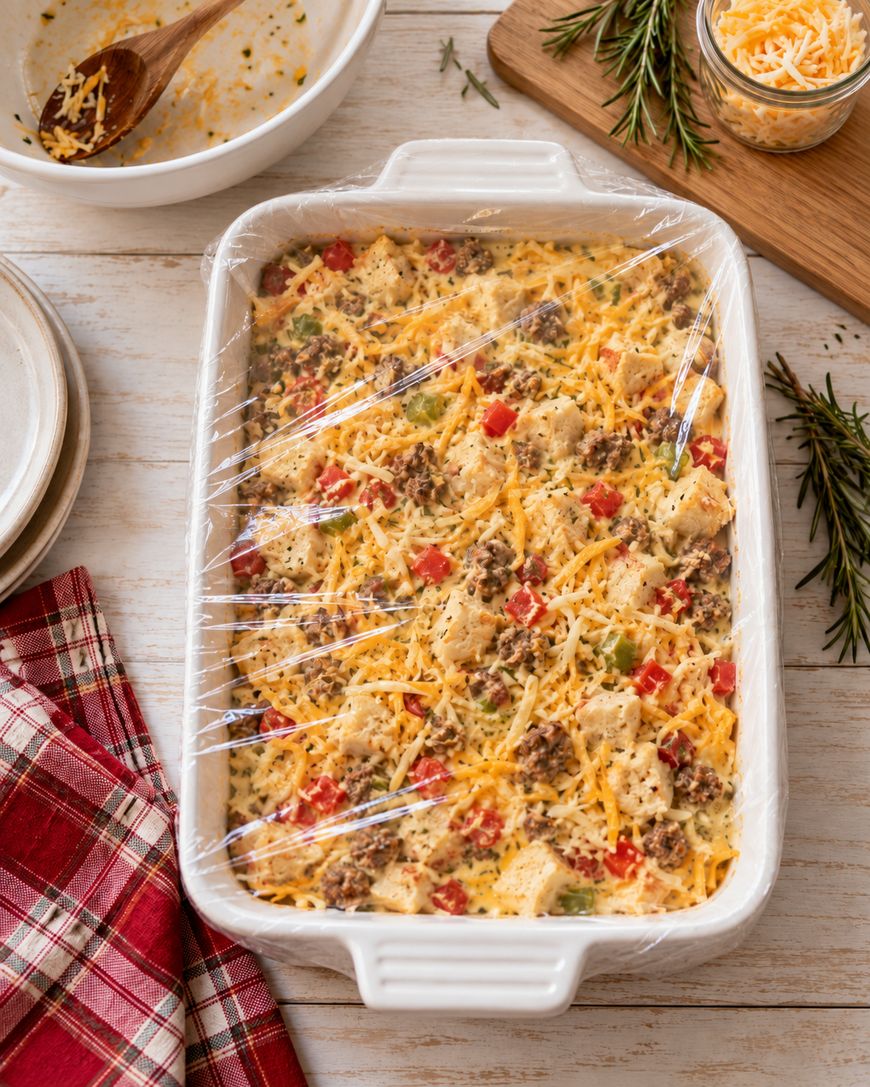 A casserole dish covered in plastic wrap contains a mixture of cheese, sausage, peppers, and bread cubes. Nearby are a red plaid napkin, empty plates, herbs, and a small bowl of grated cheese.
