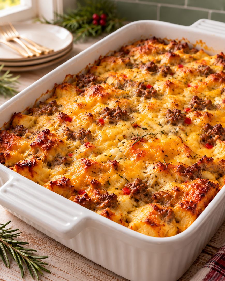 Golden baked breakfast casserole with melted cheese and sausage crumbles in a white dish, set on a wooden table near plates, forks, and festive greenery.