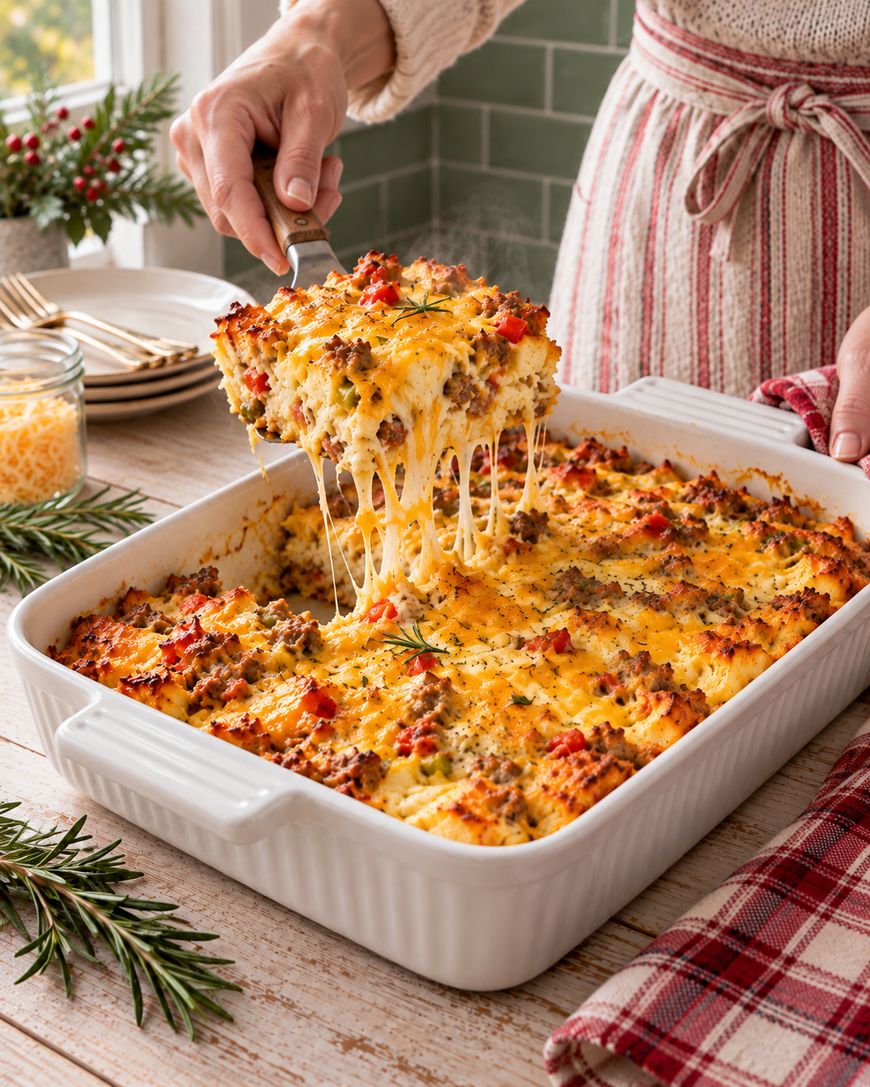 A hand serves a cheesy baked casserole with sausage, eggs, and peppers from a white dish. Melted cheese stretches from the slice, and rosemary sprigs garnish the top. Plates and holiday decor are in the background.
