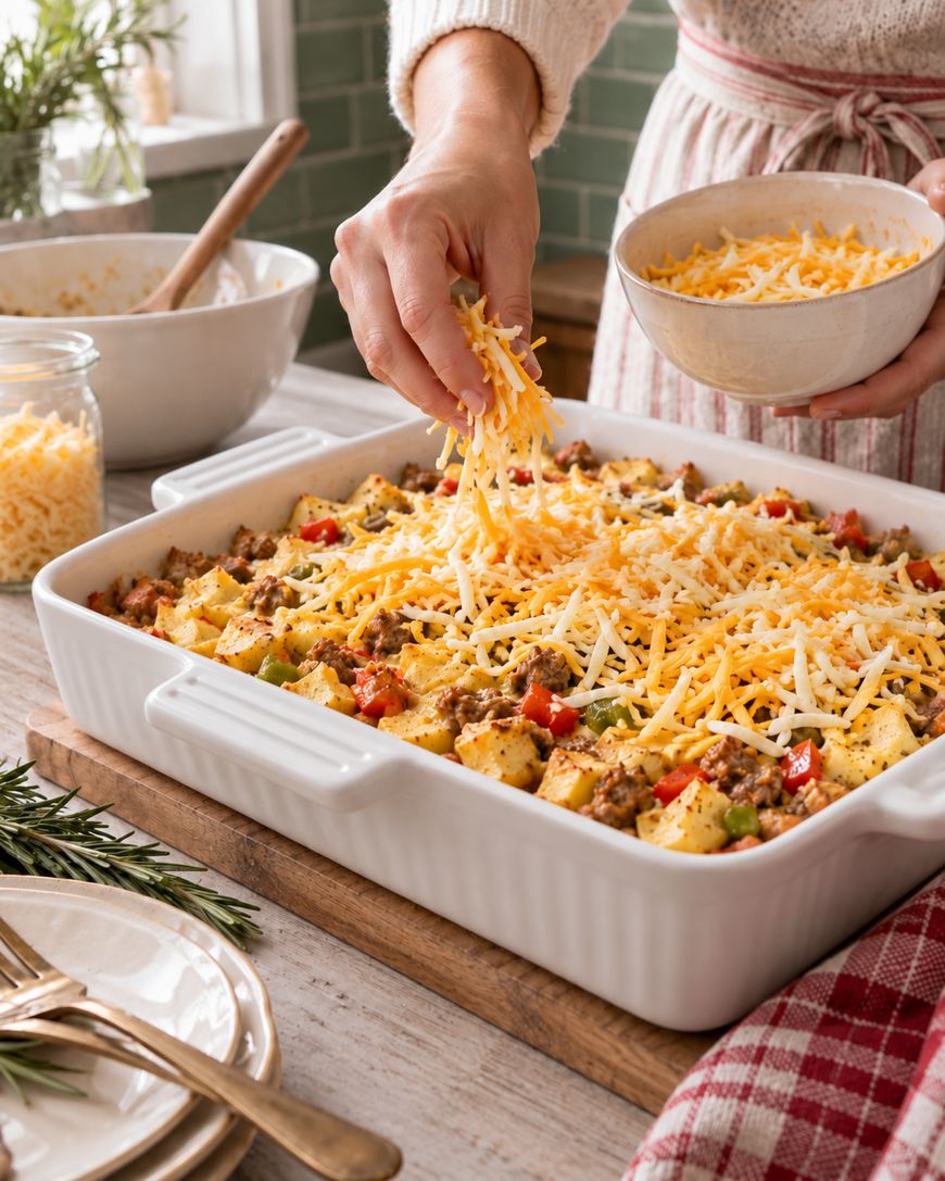 A person sprinkles shredded cheese over a casserole in a white baking dish, surrounded by plates, a bowl of ingredients, and a red checked towel on a wooden table.