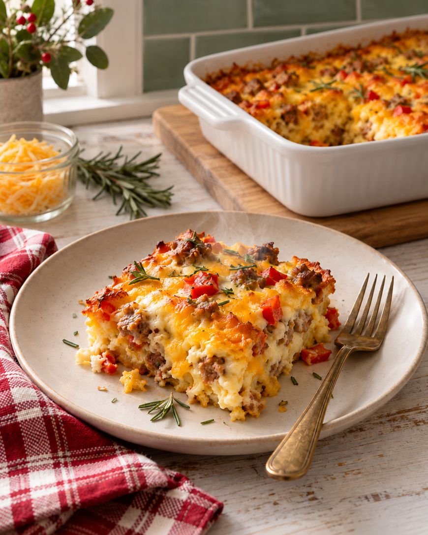 A slice of cheesy breakfast casserole with sausage and red peppers sits on a plate with a fork, in front of a casserole dish and a bowl of shredded cheese, on a wooden table with a red plaid napkin.