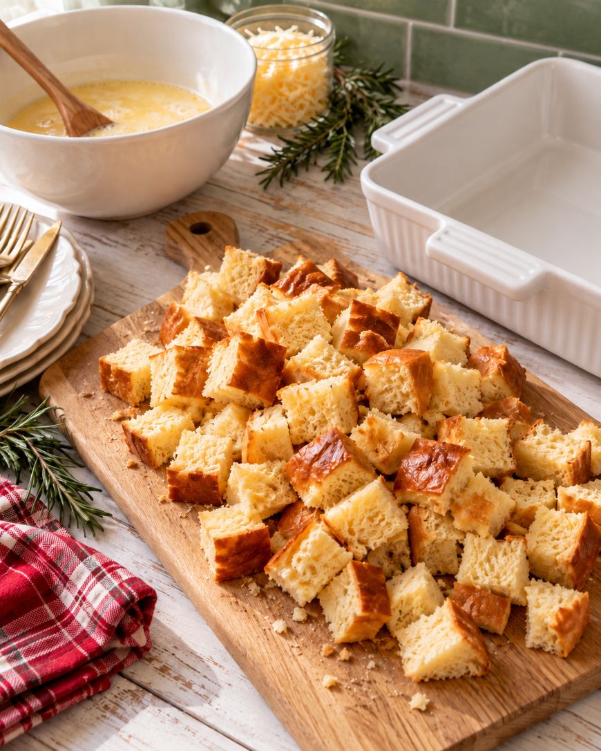 Cubed bread sits on a wooden cutting board beside a baking dish, a bowl of egg mixture, shredded cheese, plates, utensils, and a red plaid napkin on a rustic table. Rosemary sprigs add a decorative touch.