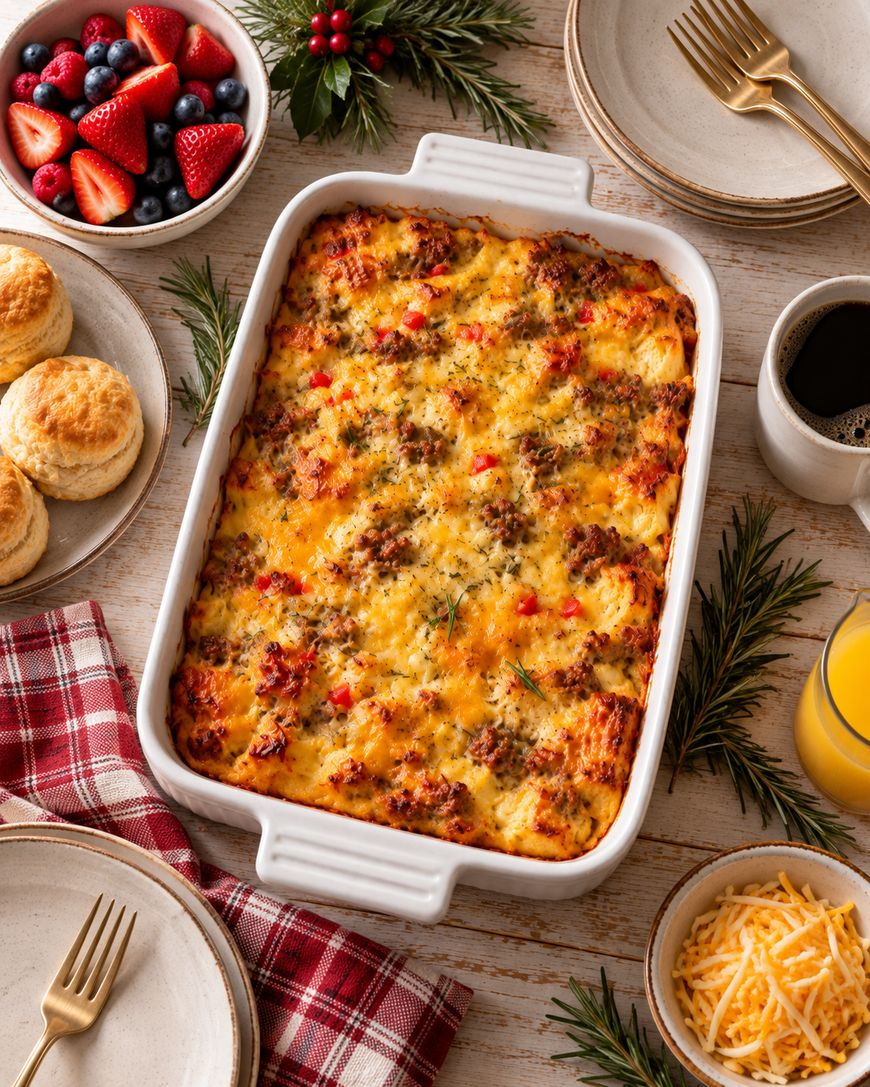A baked breakfast casserole in a white dish, surrounded by biscuits, a bowl of berries, shredded cheese, coffee, orange juice, plates, forks, and festive greenery on a wooden table.