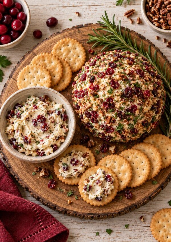 A cheese ball coated with cranberries, herbs, and nuts sits on a wooden board, surrounded by crackers. A bowl of the cheese spread, extra crackers, pecans, and fresh rosemary complete the arrangement.