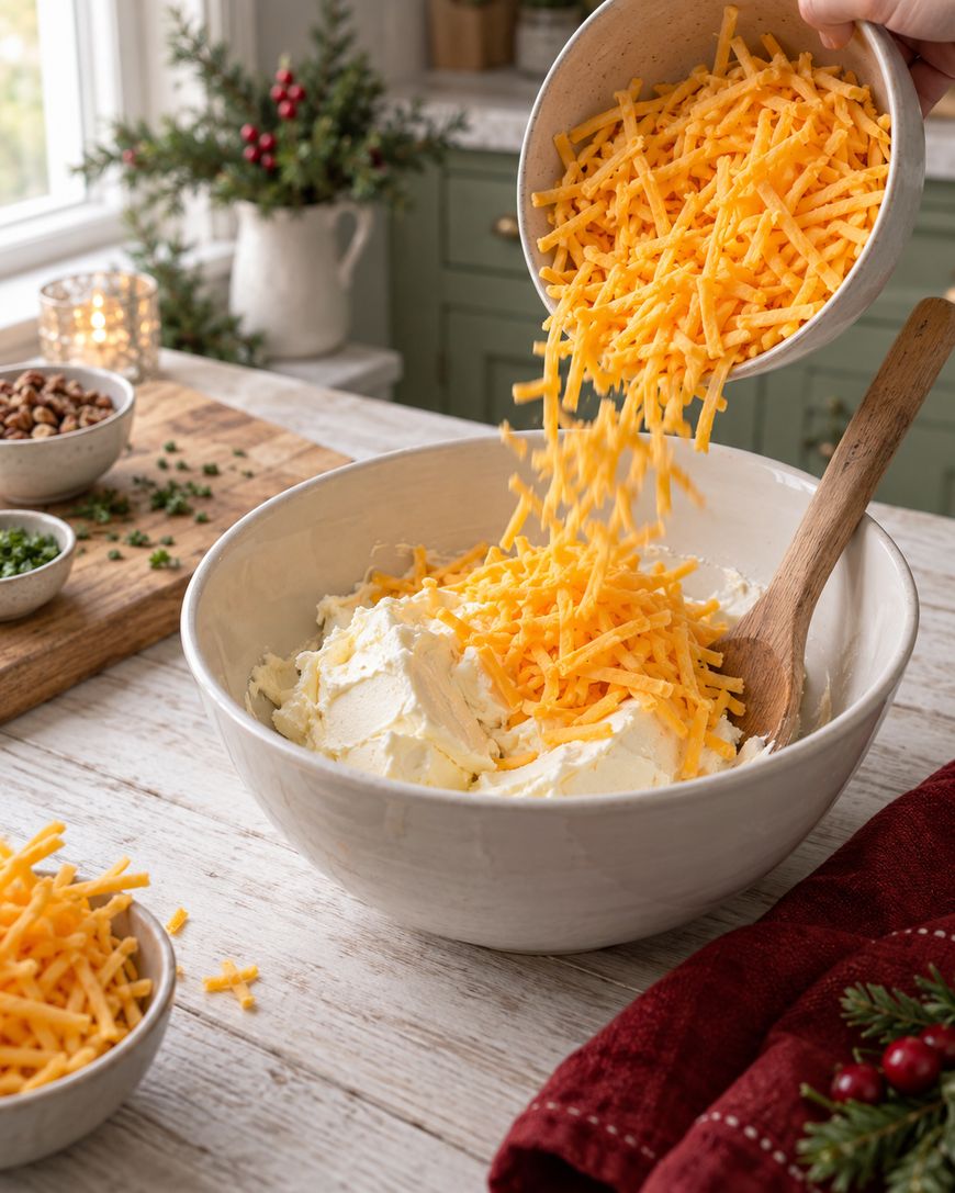 A hand pours shredded cheddar cheese into a large bowl of cream cheese on a kitchen counter, with herbs, nuts, and a lit candle in the background.