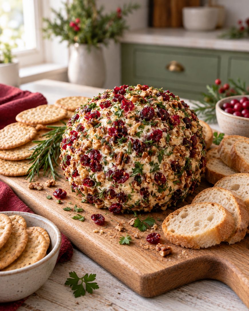A festive cheese ball garnished with herbs, cranberries, and nuts sits on a wooden board surrounded by crackers and baguette slices, with a cozy kitchen scene in the background.