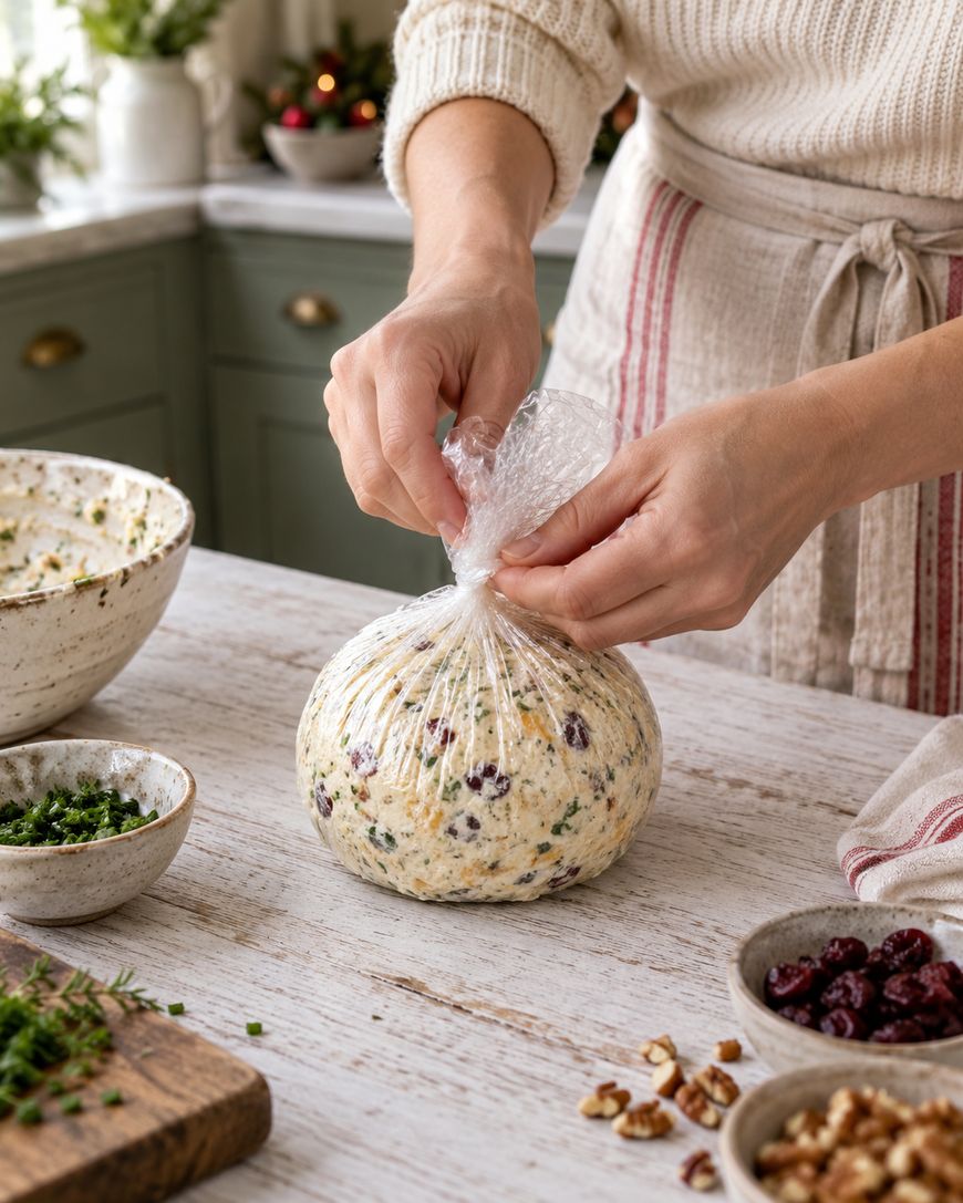 A person ties a ball of cheese mixture with herbs and cranberries in plastic wrap on a kitchen counter, surrounded by bowls of ingredients.