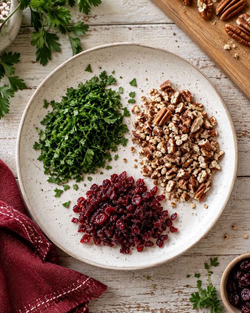 A white plate with three piles: chopped parsley, chopped pecans, and dried cranberries. A red napkin is nearby, and more parsley and pecans are on the table and a wooden cutting board.