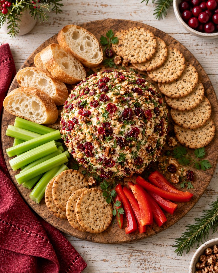 Festive cheese ball coated with cranberries and herbs, surrounded by crackers, baguette slices, celery sticks, and red bell pepper slices on a round wooden platter. A red napkin and cranberries are nearby.