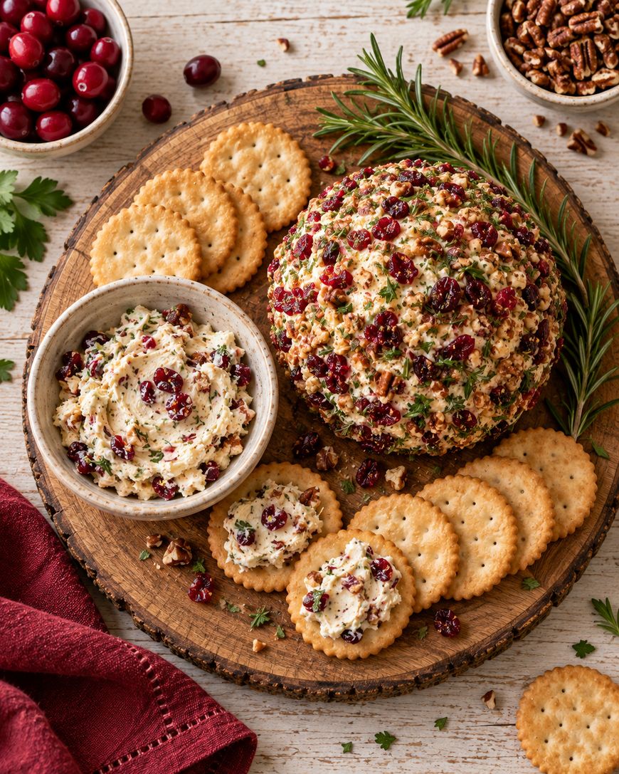 A cheese ball coated with cranberries, herbs, and pecans sits on a wooden board, surrounded by crackers. A bowl of spread, fresh cranberries, pecans, and a rosemary sprig are also on the table.