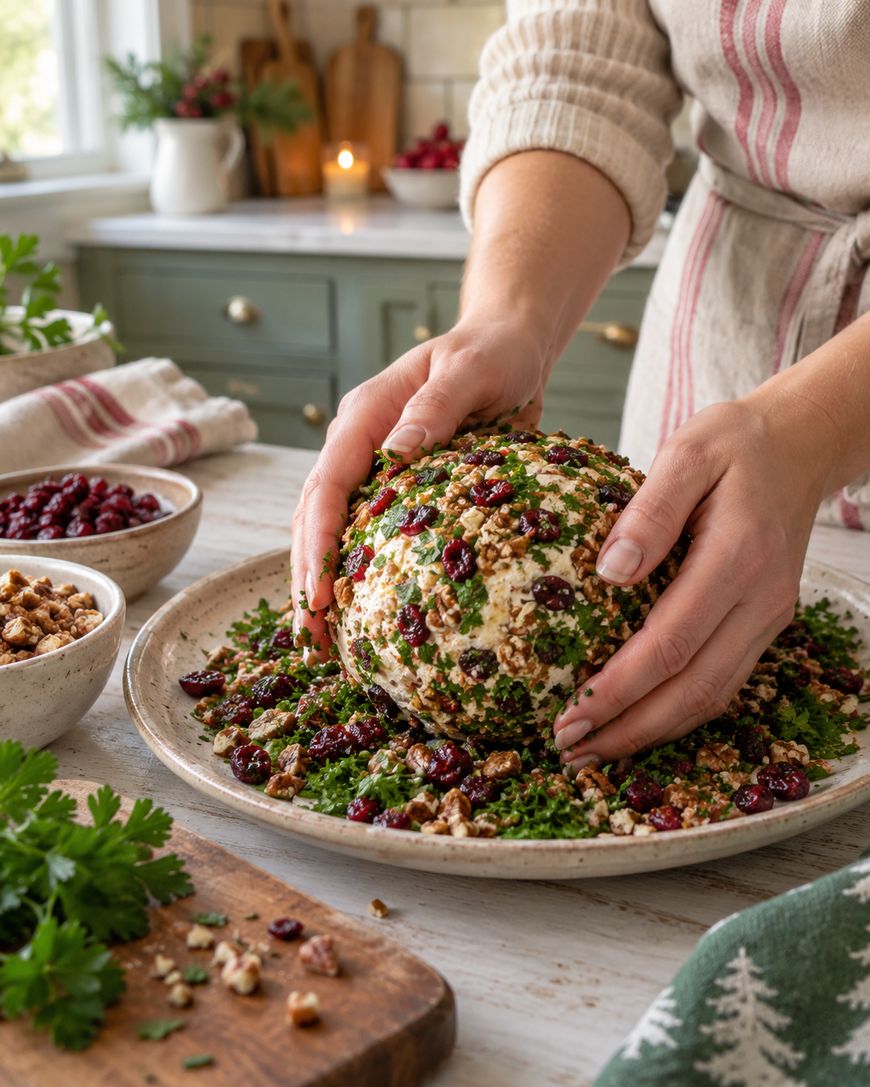 A person shapes a cheese ball coated with chopped herbs, nuts, and dried cranberries on a plate, surrounded by bowls of ingredients in a cozy, festive kitchen.