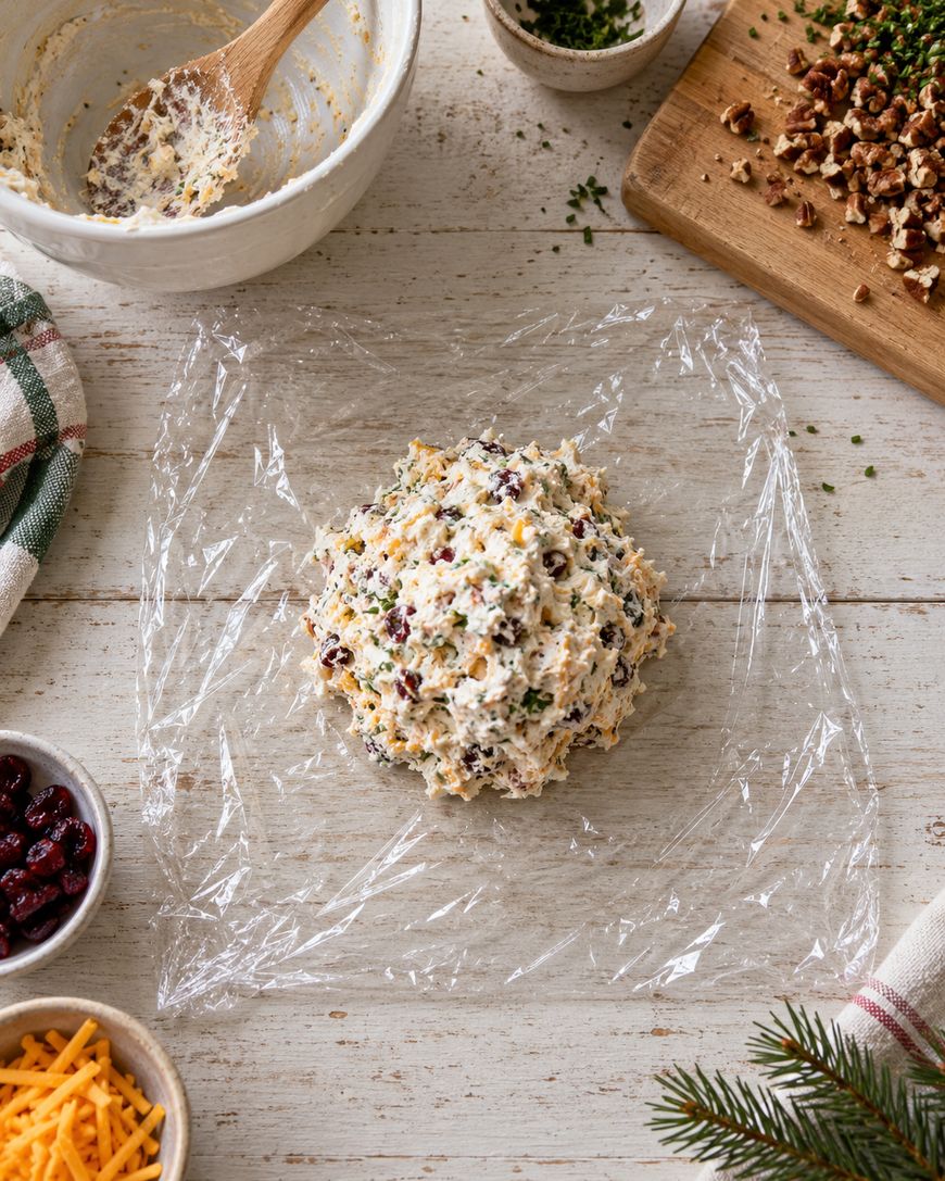 A cheese ball mixture with herbs, nuts, and cranberries sits on plastic wrap, surrounded by bowls of ingredients and a mixing bowl on a rustic wooden table.