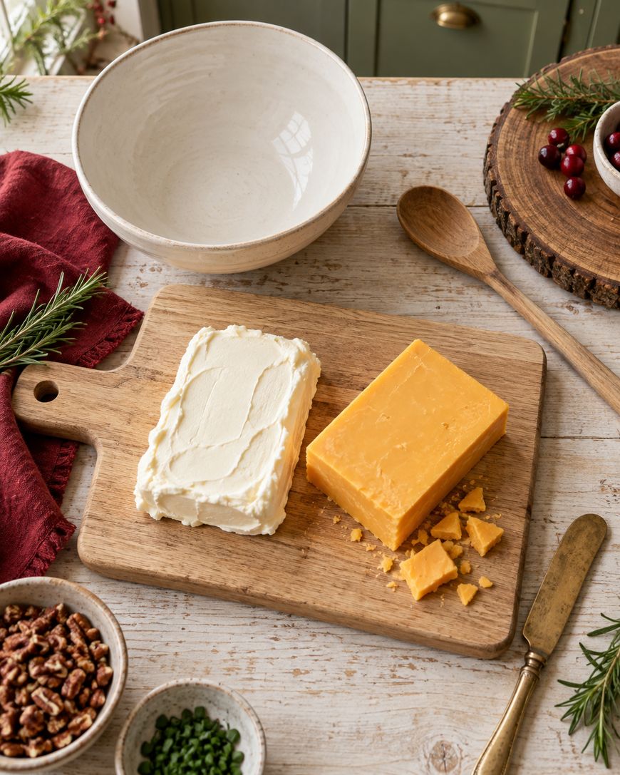 A cutting board with a block of cheddar cheese, a block of cream cheese, a knife, herbs, pecans, and a bowl on a rustic table, set for meal preparation.
