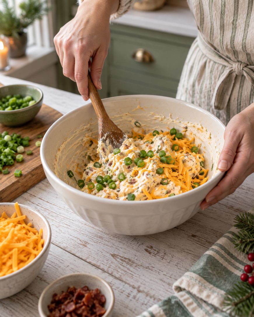 A person in an apron stirs a mixture of shredded cheese, green onions, and other ingredients in a large white bowl on a kitchen counter, surrounded by bowls of toppings.