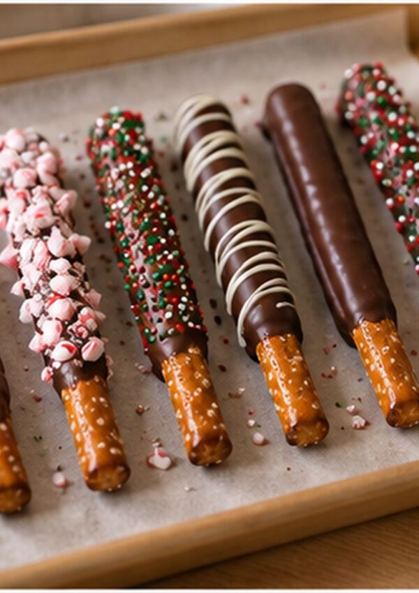 Six chocolate-dipped pretzel rods on parchment paper, decorated with crushed peppermint, colorful sprinkles, and white chocolate drizzle, arranged neatly on a wooden tray.