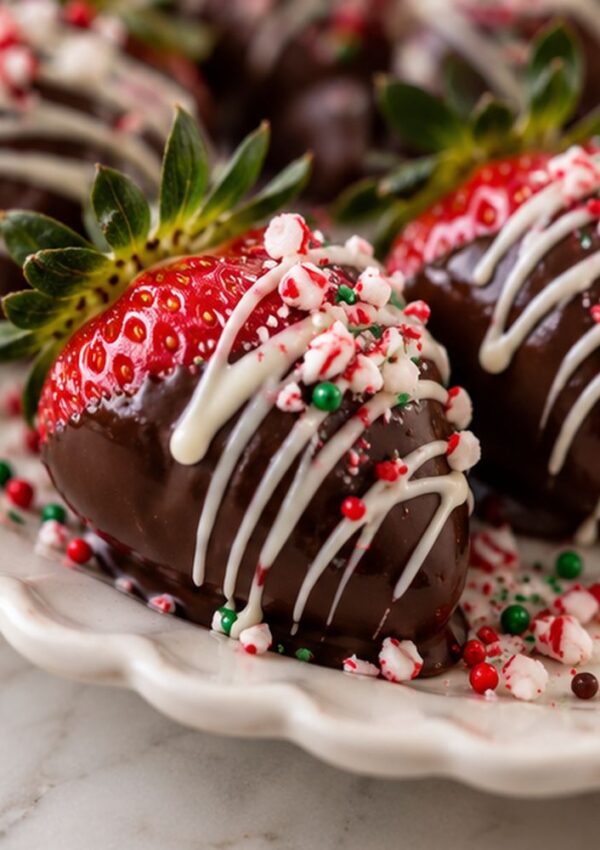 A chocolate-dipped strawberry is drizzled with white chocolate and sprinkled with crushed peppermint and red and green candy on a decorative plate.