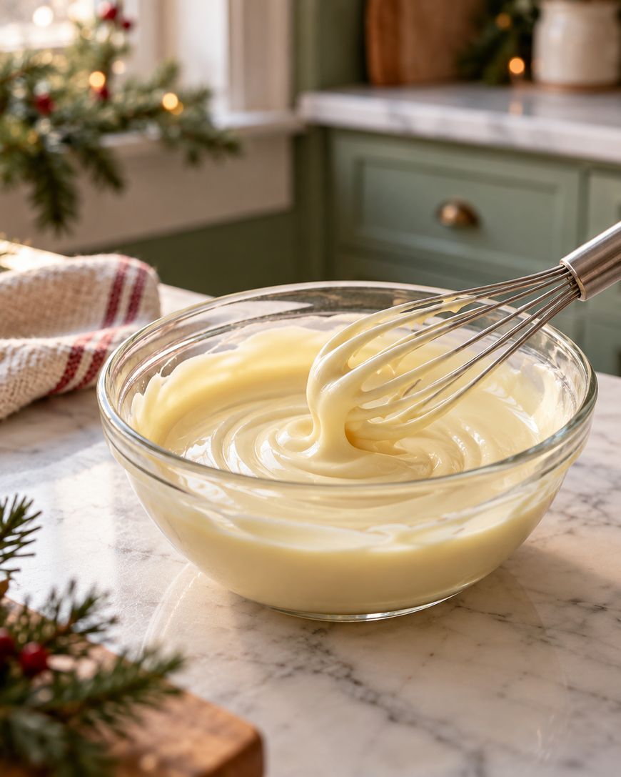 A glass bowl of smooth vanilla custard is being whisked on a marble countertop, with holiday greenery and a striped towel in the background.